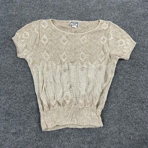 Keneth Too! Sweater Womens Size M Tan Pointelle Diamond Knit Short Sleeve USA